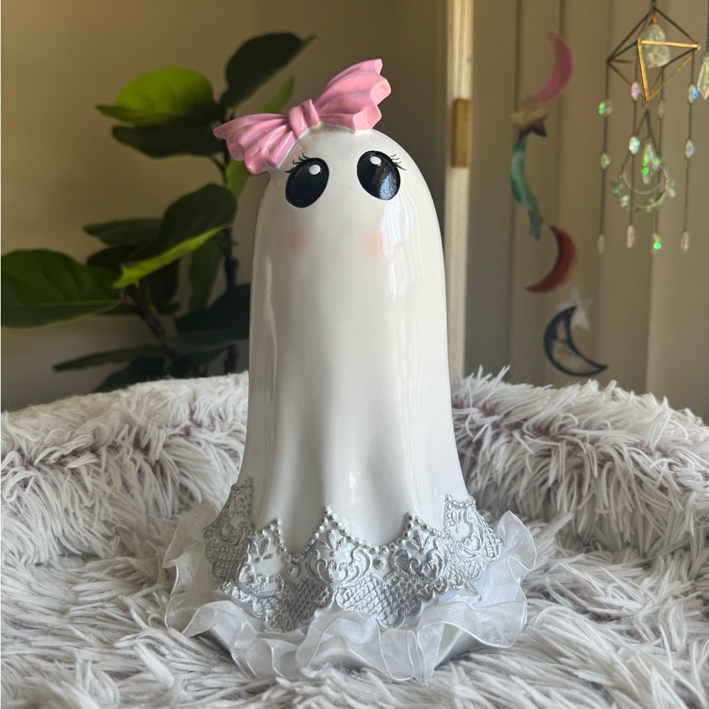 Cute Ghost Figurine with Pink Bow